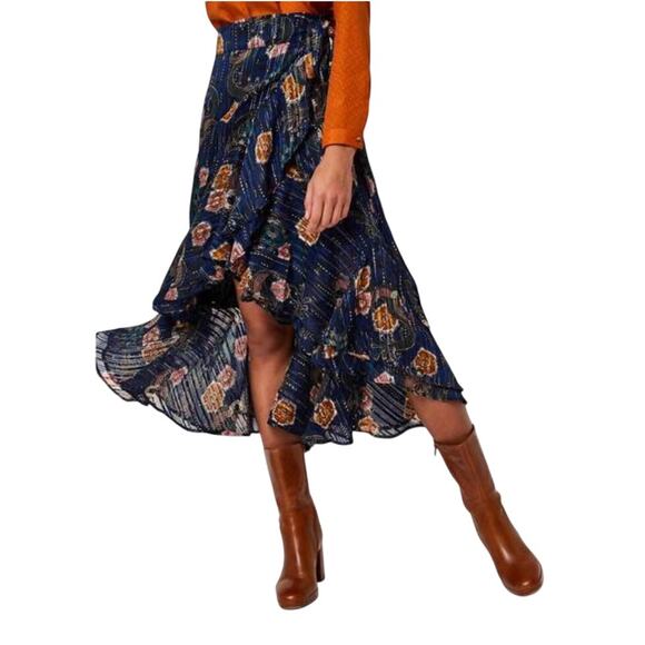 Scotch & Soda Printed Metallic Wrap Midi Skirt – Size XS – Boho Festival Sparkle - Picture 1 of 4